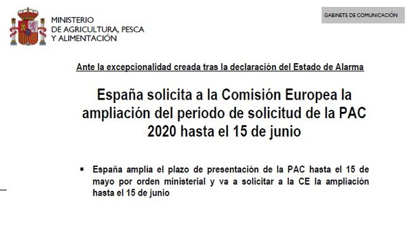 España solicita á Comisión Europea a ampliación do período de solicitude da PAC 2020 ata o 15 de xuño