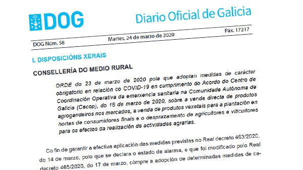A Xunta aproba novas medidas para a actividade agrogandeira durante o estado de alarma sanitaria