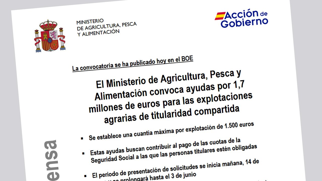El Ministerio de Agricultura convoca ayudas de 1,7 millones de euros para explotaciones agrarias de titularidad compartida