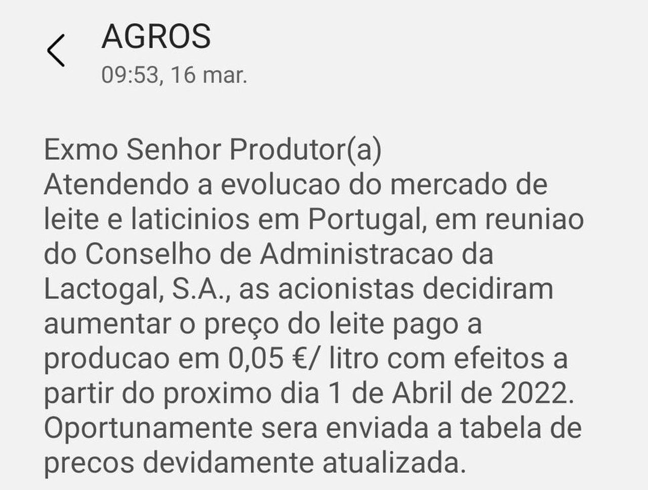 Lactogal anuncia una subida de 5 céntimos para sus productores de Portugal