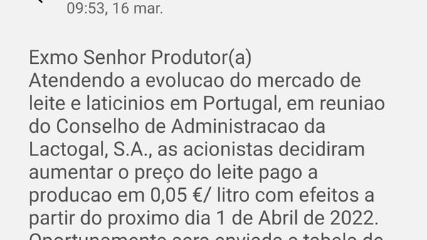 Lactogal anuncia una subida de 5 céntimos para sus productores de Portugal